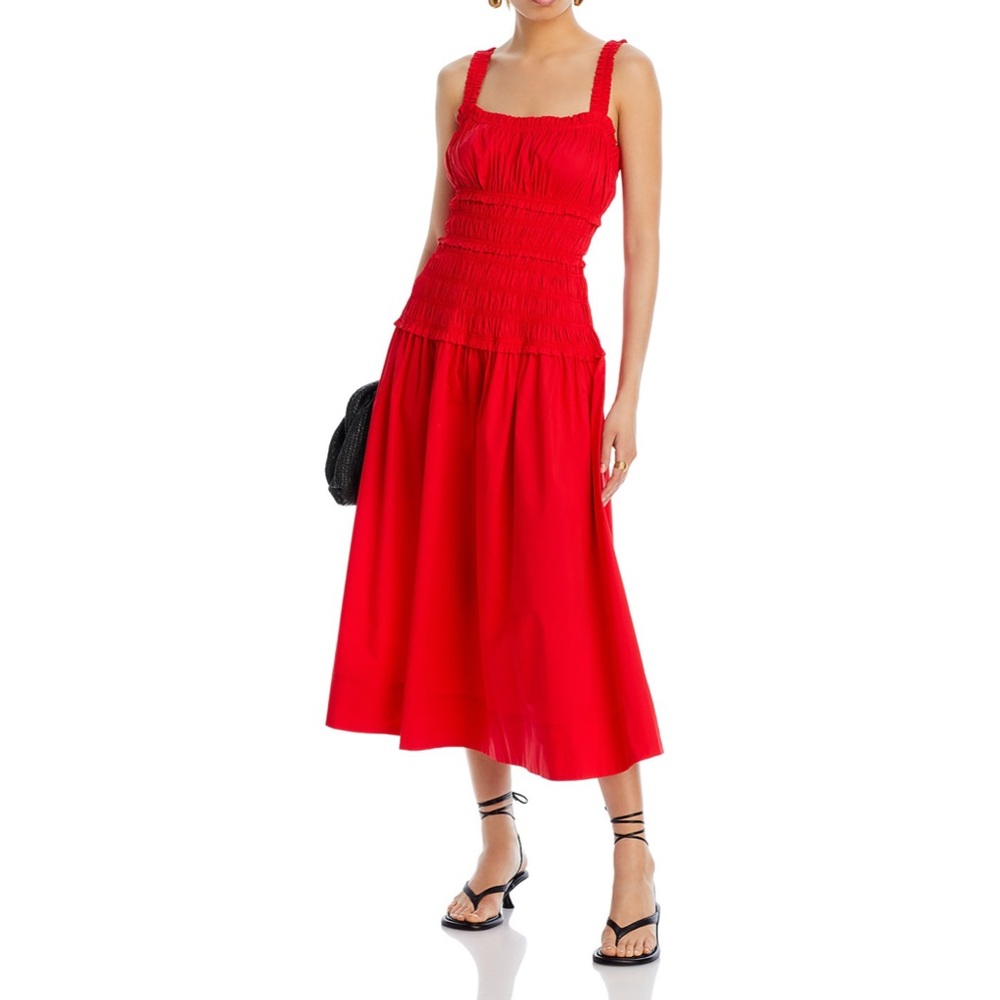 Aqua Cotton Poplin Gathered Midi Dress Red M